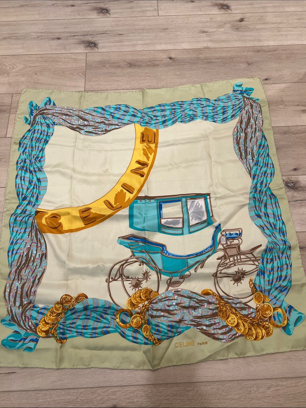 Celine Cream and Turquoise Carriage Silk Scarf with Gold Accents